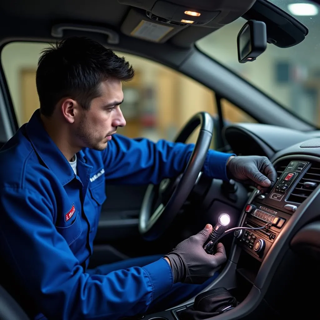 Mechanic inspecting car wiring harness