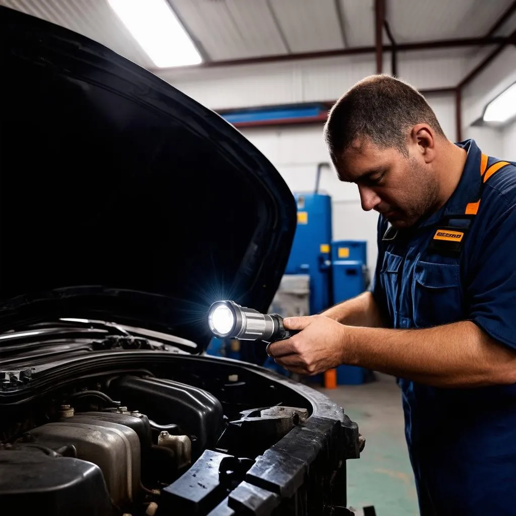 Mechanic Inspecting a Diesel Engine