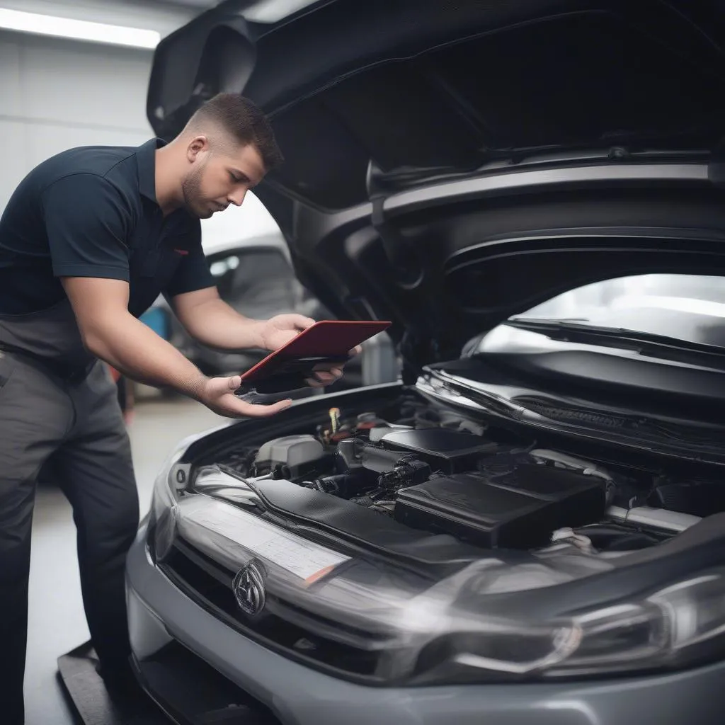 Mechanic inspecting engine