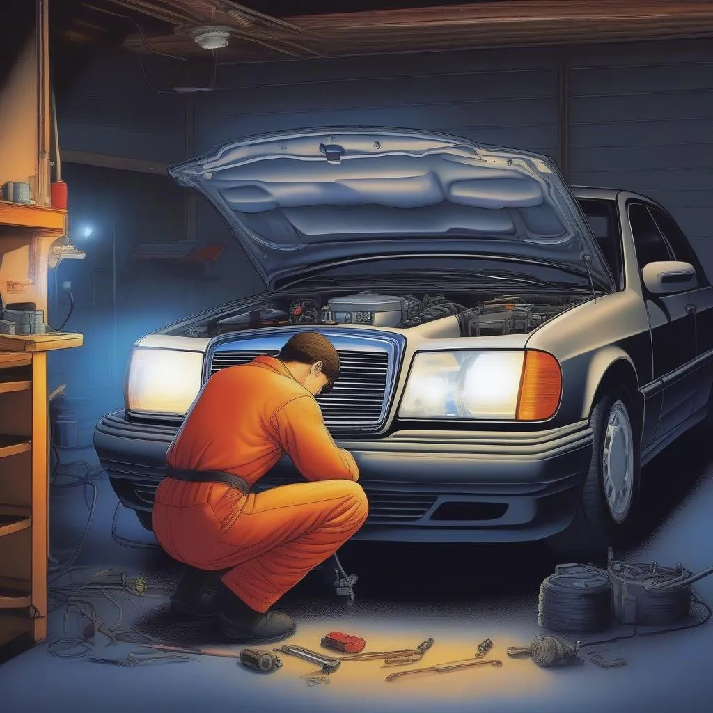 Mechanic inspecting the engine bay of a 1994 Mercedes E320