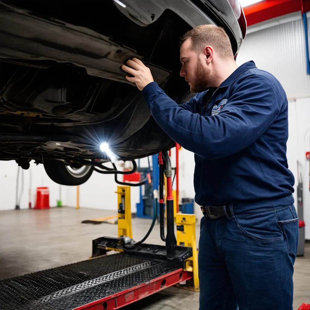 Car mechanic inspecting fuel lines