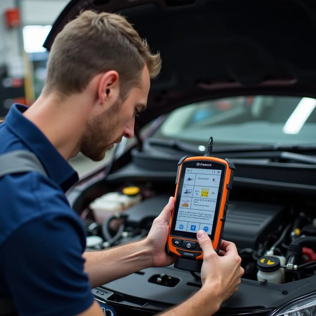 Mechanic inspecting Prius engine