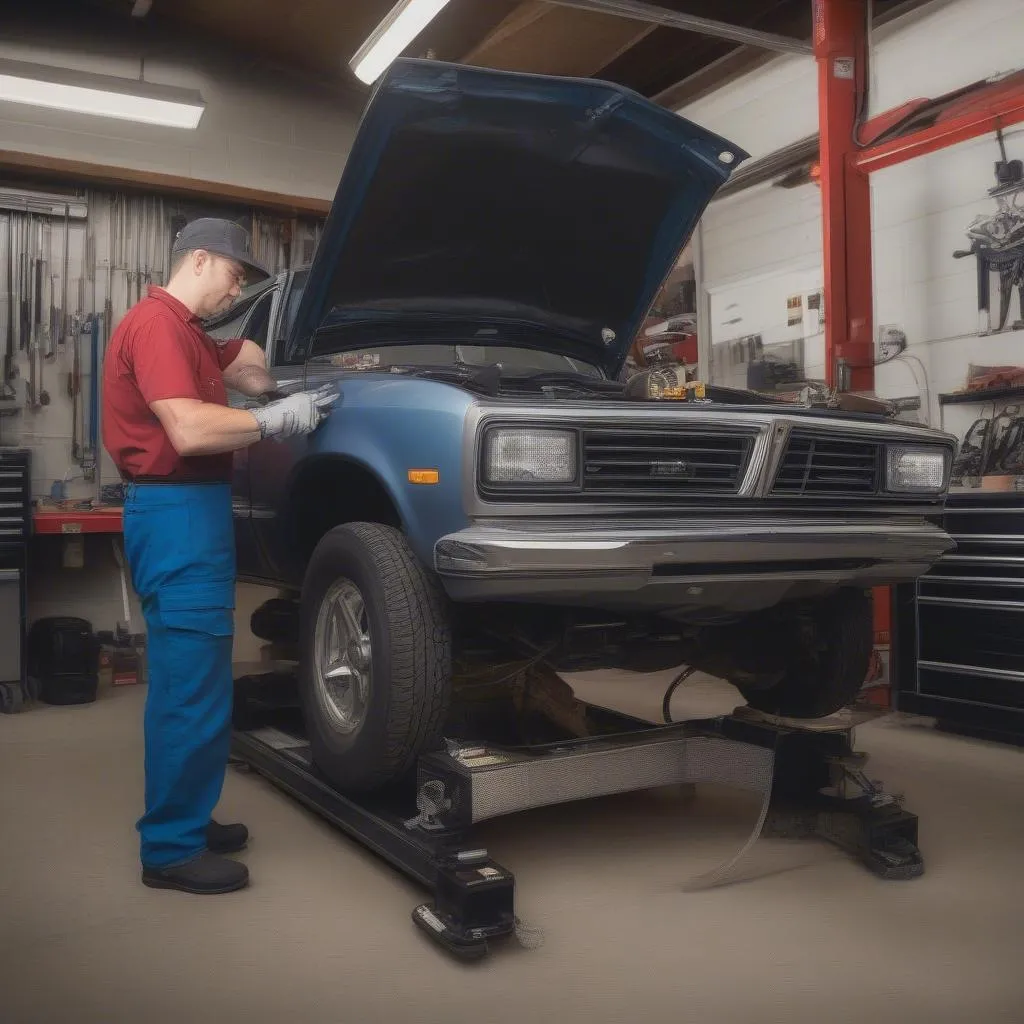 Mechanic inspecting car transmission