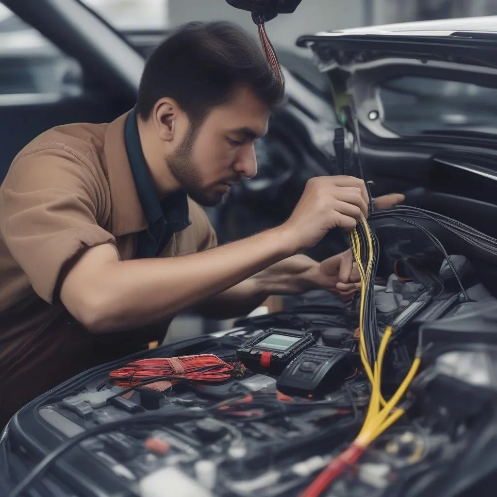 Mechanic Installing Car Alarm System