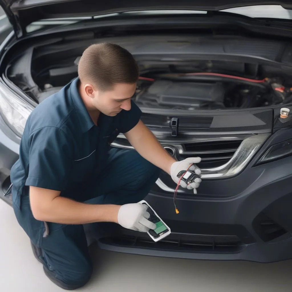 Mechanic installing a GPS tracker in a car