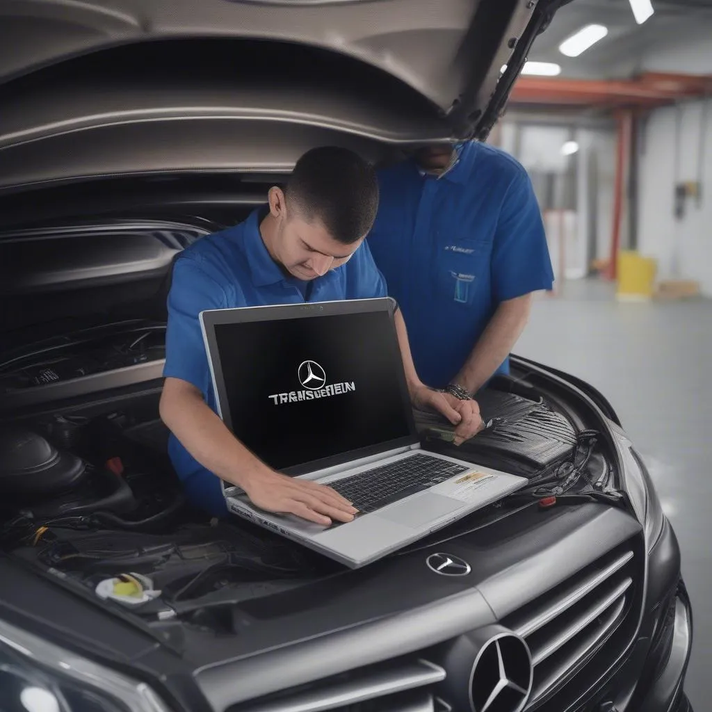 Mechanic Performing Offline SCN Coding on Mercedes