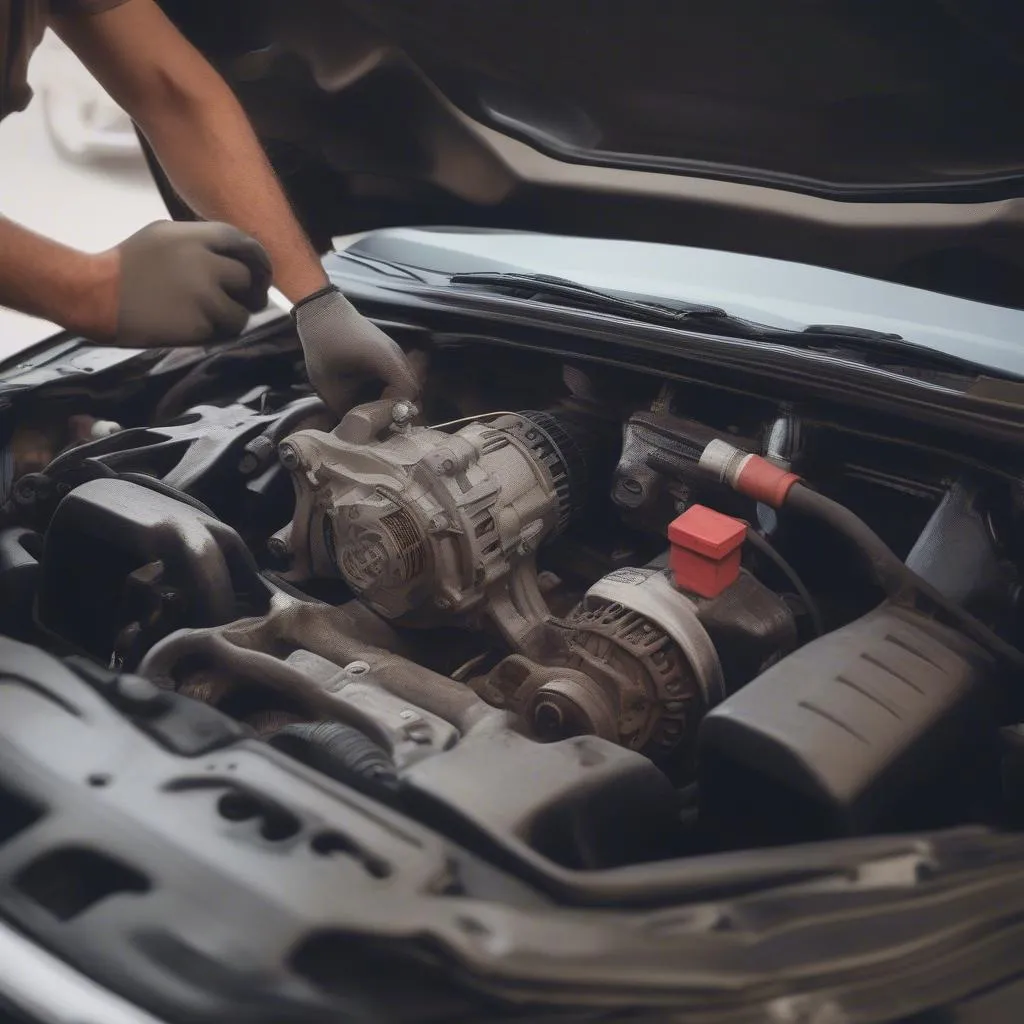 mechanic repairing alternator