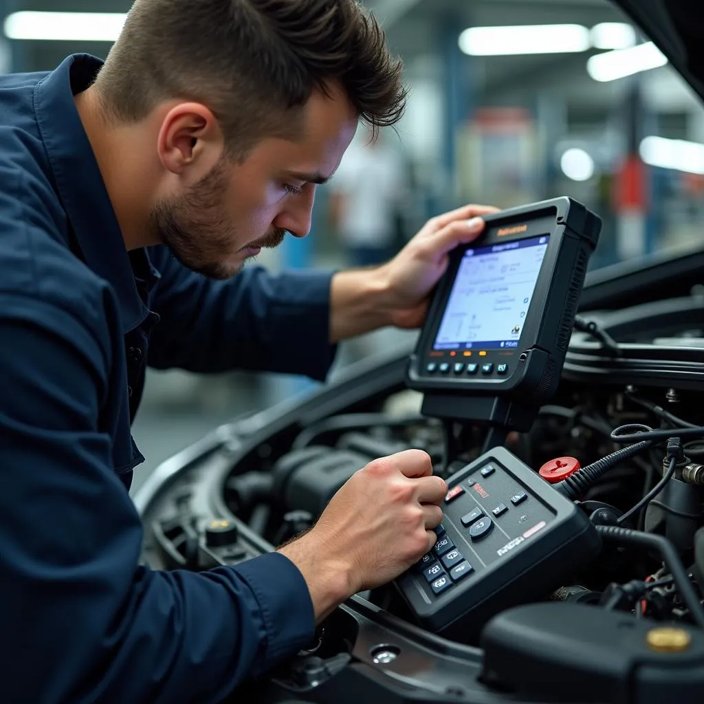 Mechanic repairing car electronics