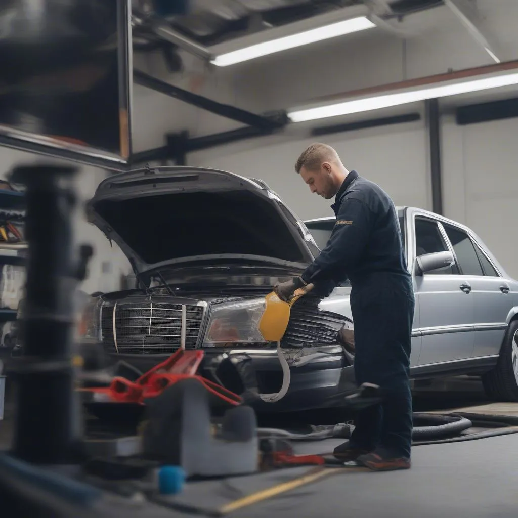 Mechanic Repairing Mercedes Wheel Speed Sensor