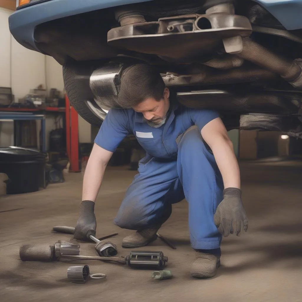 mechanic replacing catalytic converter