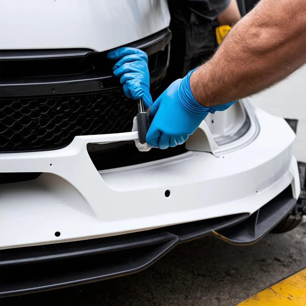 Mechanic Replacing Trim on Car