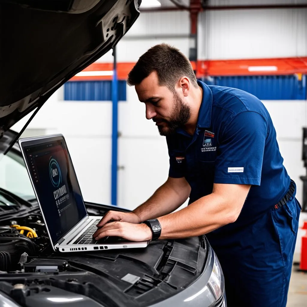 Mechanic using a laptop for car diagnostics