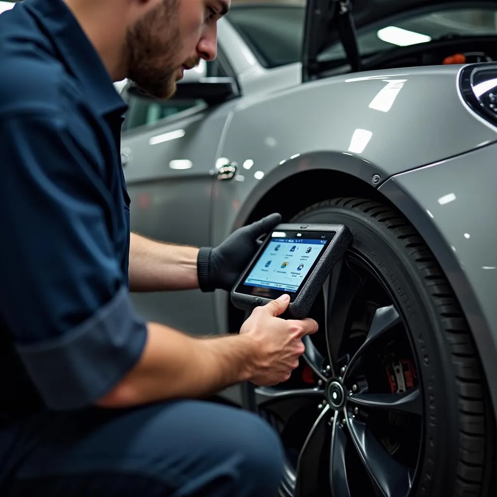 Mechanic using an advanced diagnostic scanner on a car