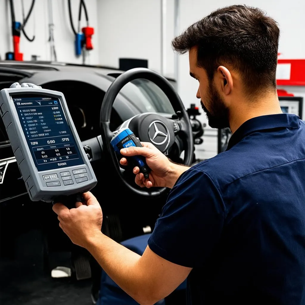 Mechanic using Autologic to diagnose Mercedes-Benz