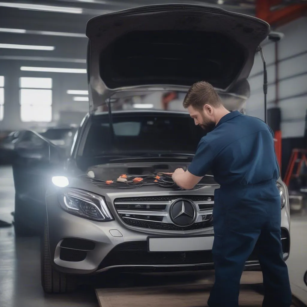 Mercedes mechanic using code reader