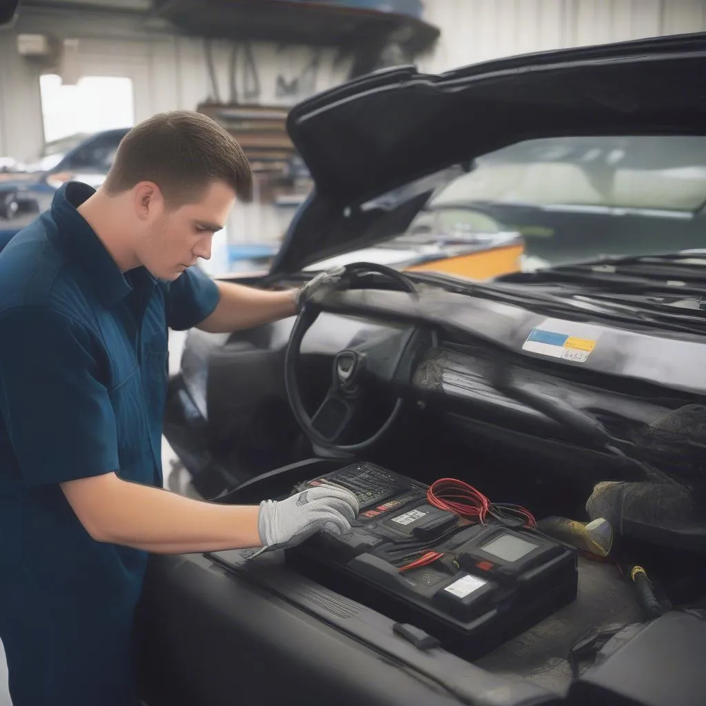 Mechanic Diagnosing a Car With a Code Reader