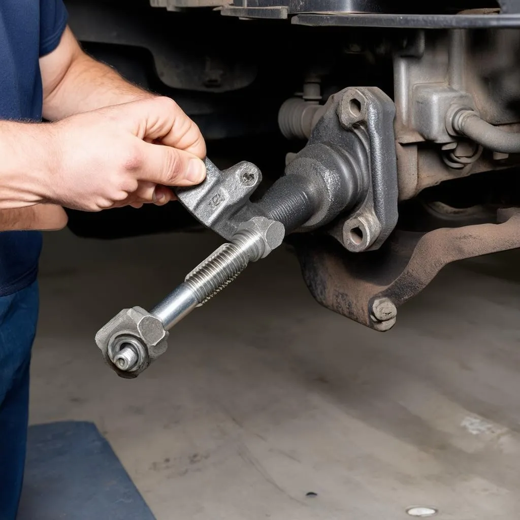 Mechanic Using Control Arm Tool on Mercedes