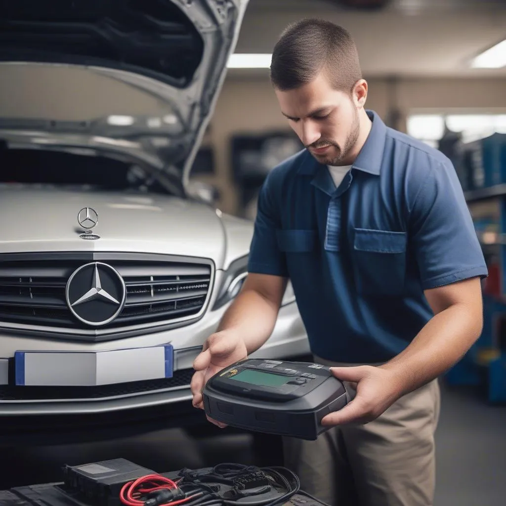 Mechanic Using Diagnostic Scan Tool on Mercedes