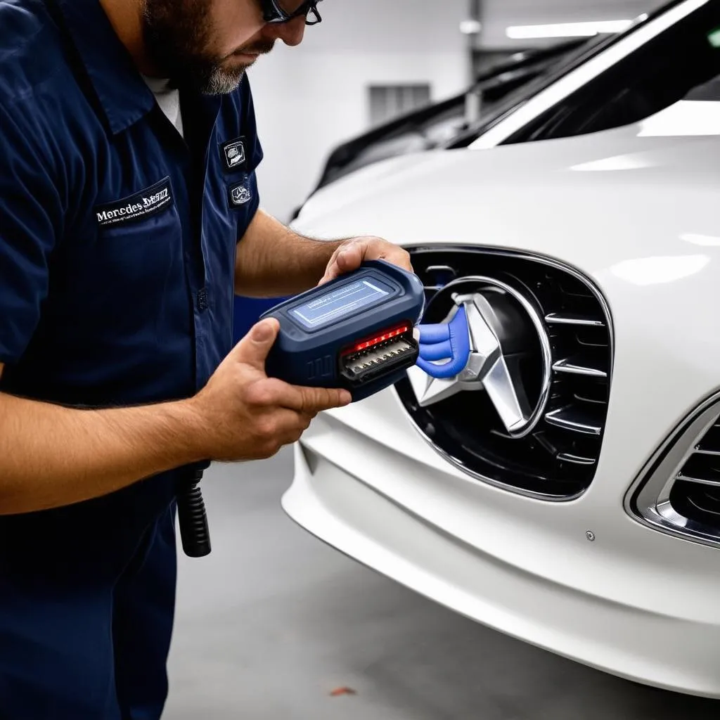 Mercedes Mechanic Using Diagnostic Scanner