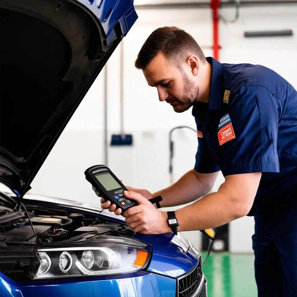 Mechanic using a Diagnostic Scanner