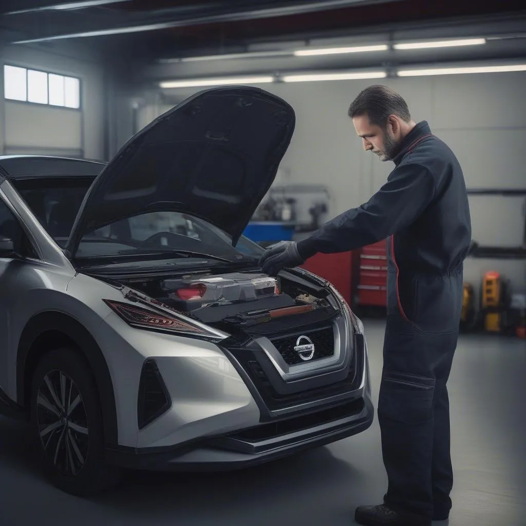 Mechanic Using Diagnostic Scanner on Nissan Car