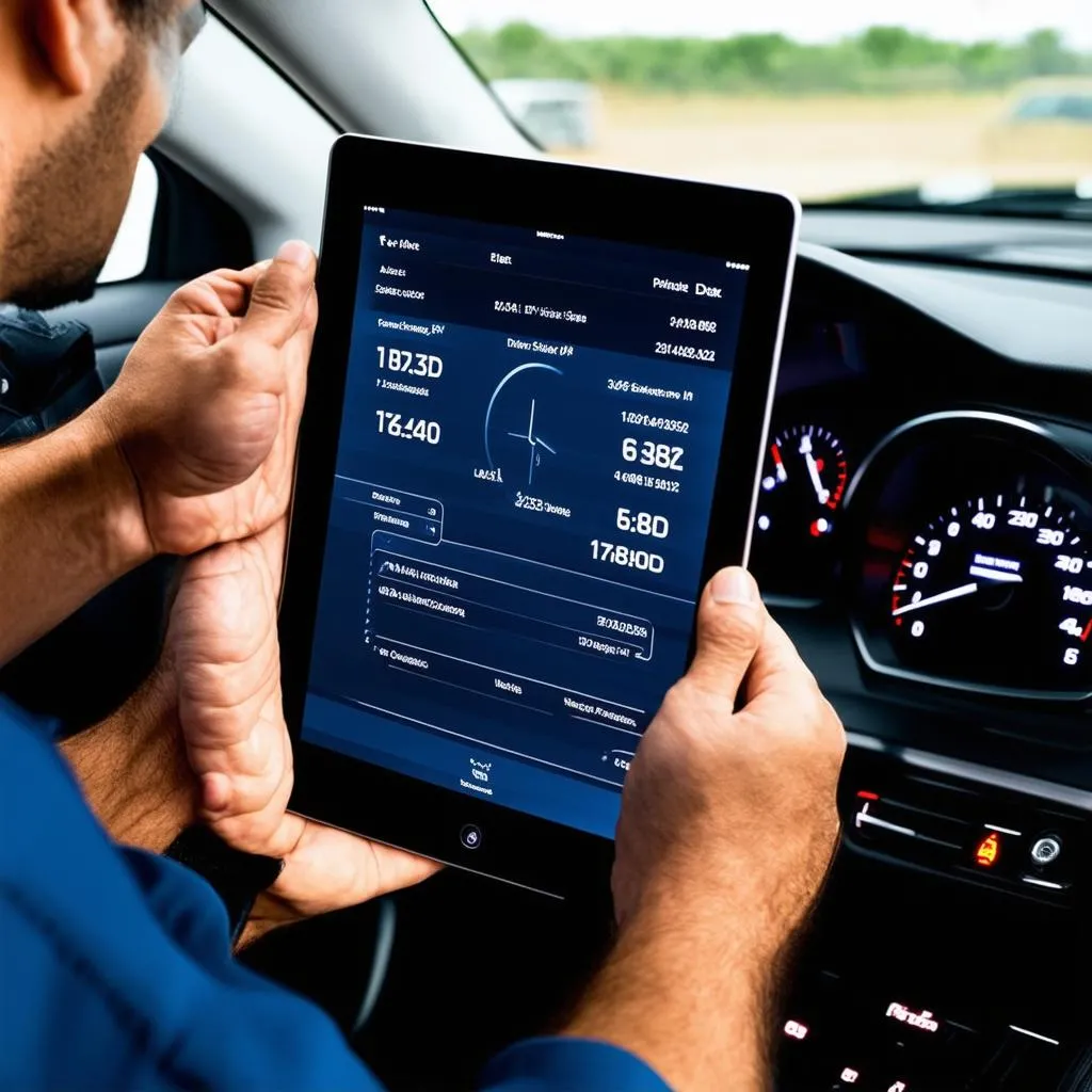 Mechanic Using Diagnostic Tablet