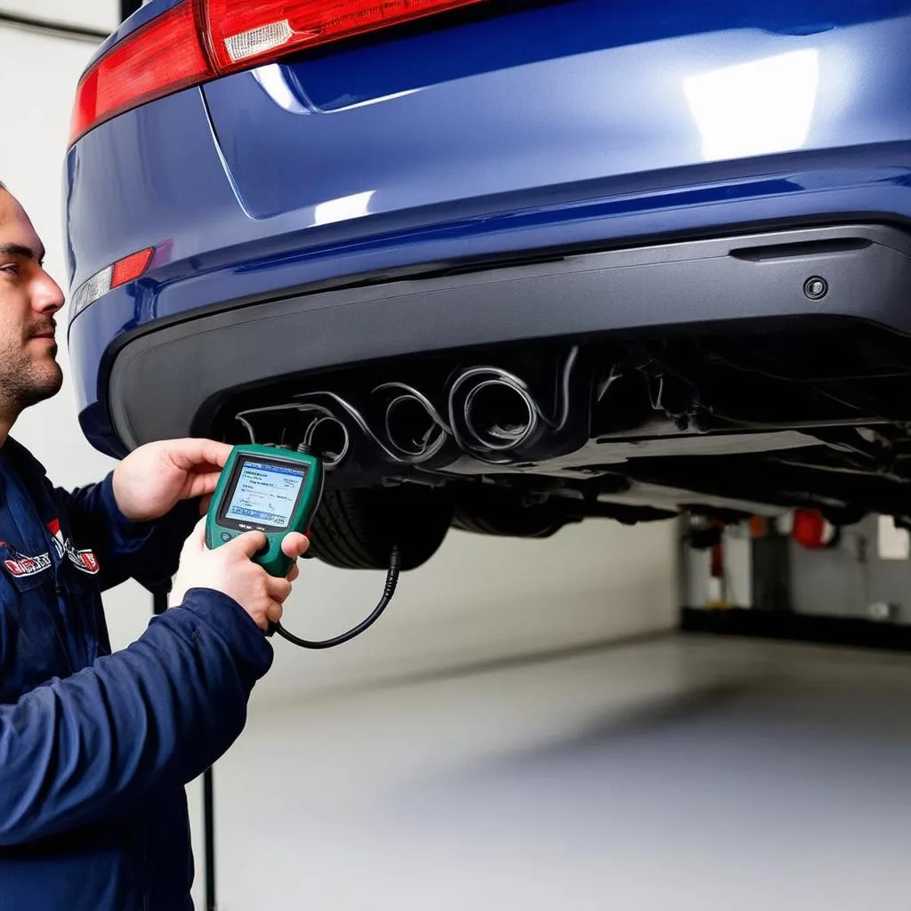 Mechanic using a diagnostic tool on a car