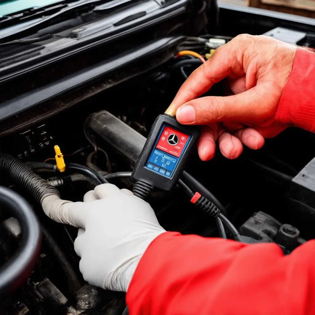 Mechanic using a diagnostic tool on a Mercedes-Benz W124