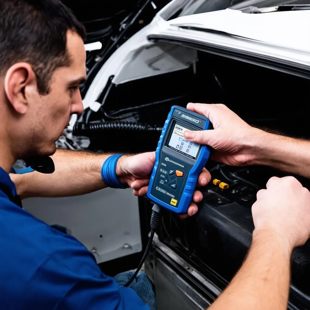 Mechanic connecting a diagnostic tool to a car's OBD-II port