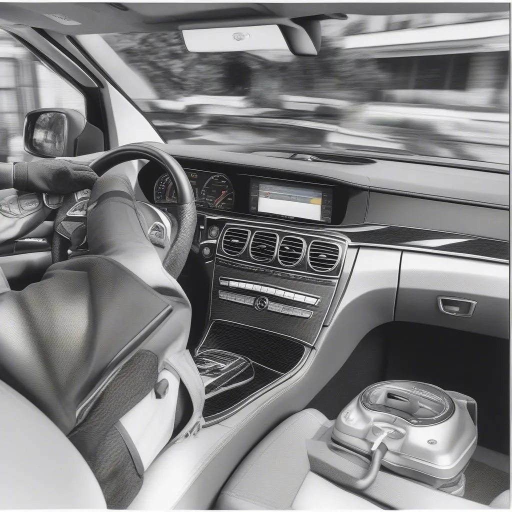 Mechanic plugging a diagnostic tool into a Mercedes dashboard