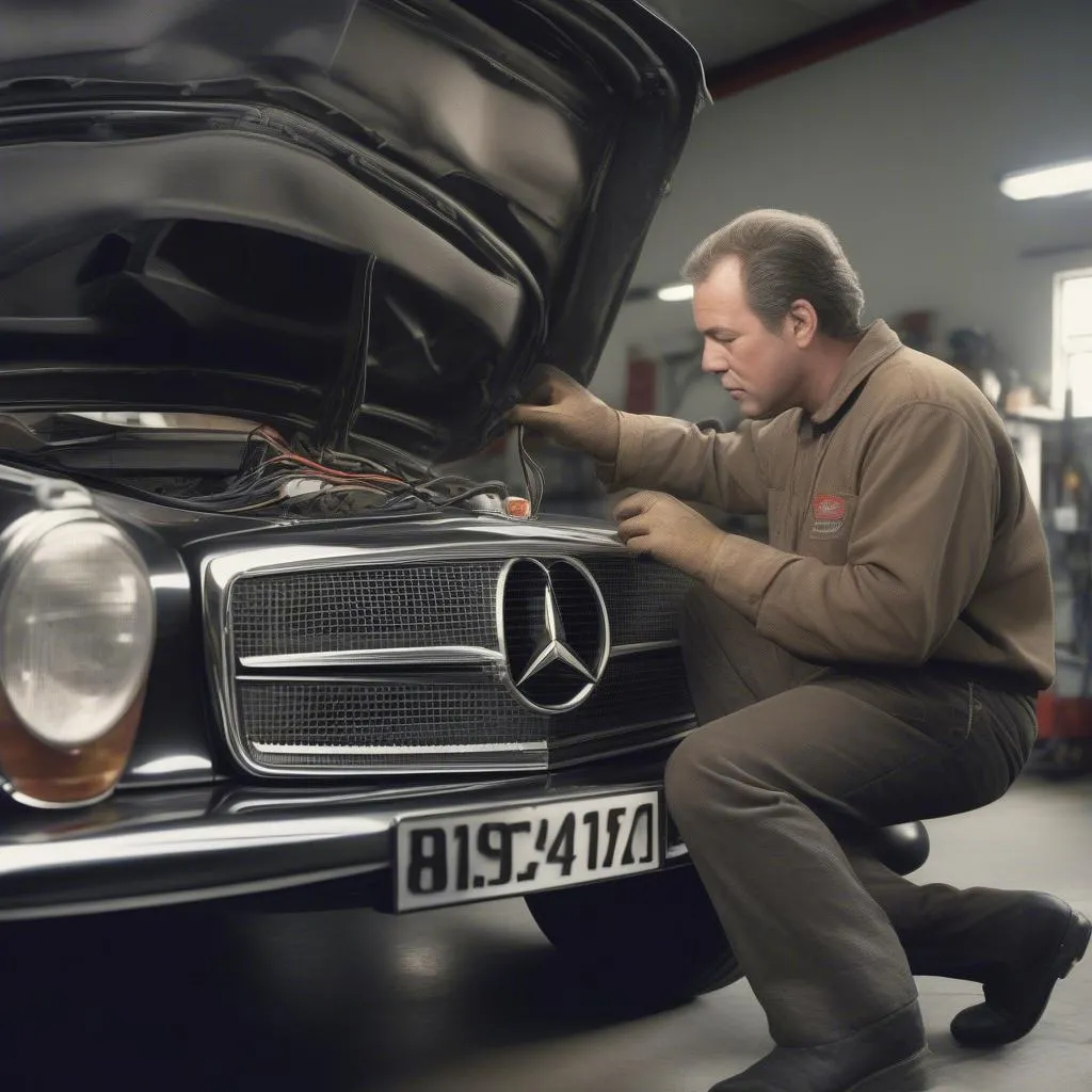 Mechanic Using Diagnostic Tool on Mercedes