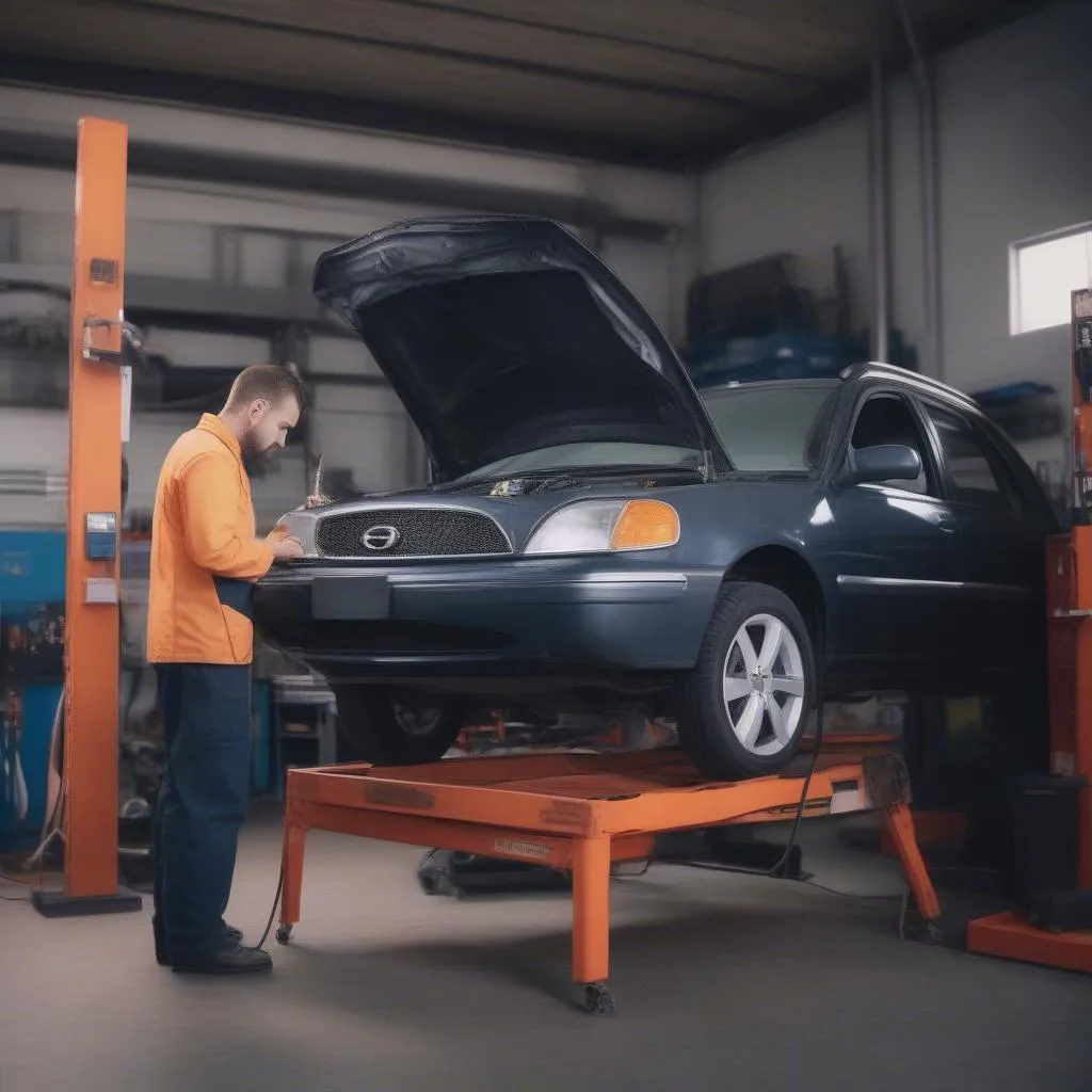 mechanic examining car with diagnostic equipment