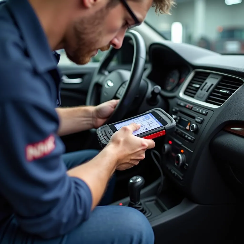 Mechanic Using Diagnostic Tool on Car