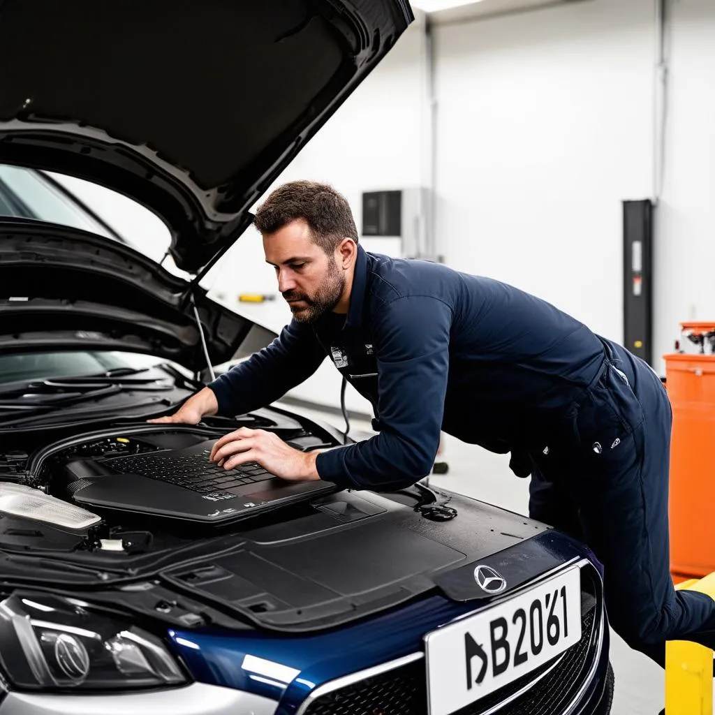 Mechanic Using Diagnostic Tool in Garage