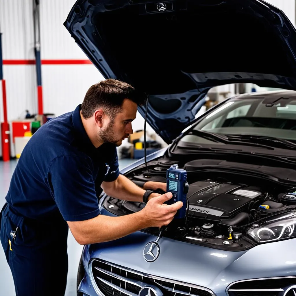 Mechanic Using Diagnostic Tool on Mercedes