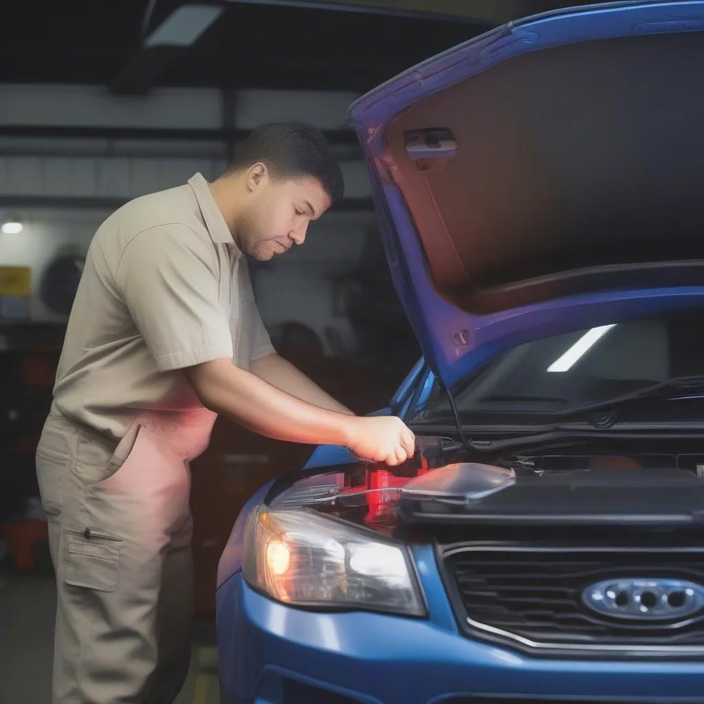 Car mechanic is connecting a diagnostic scanner to a car's OBD-II port for troubleshooting and repair.