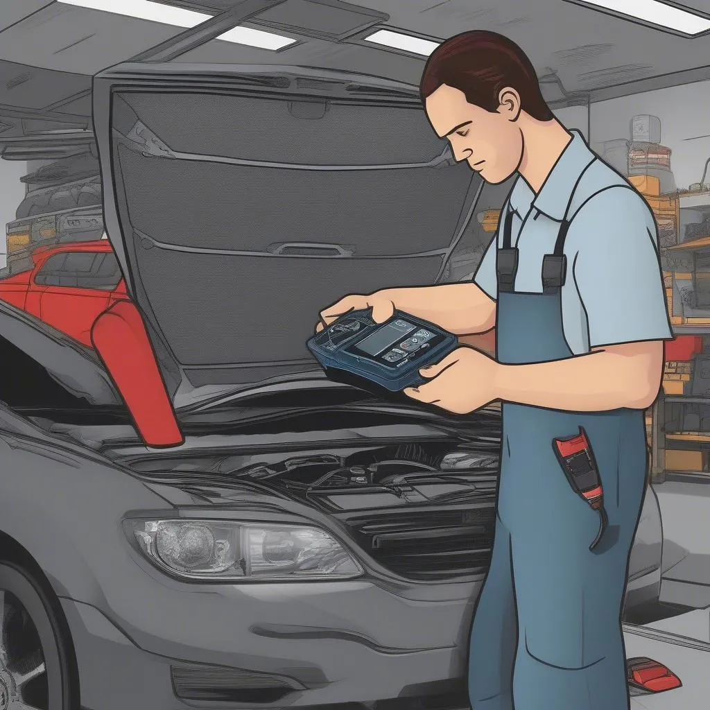 Mechanic Using Diagnostic Tool on Car