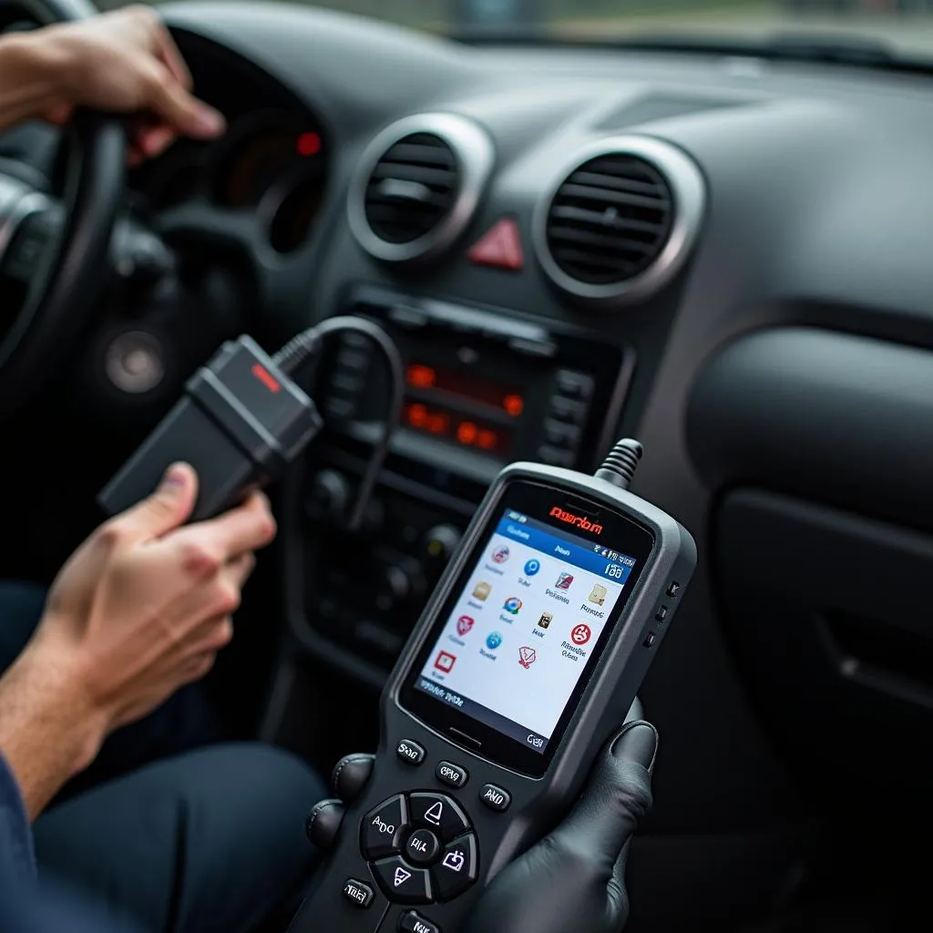 Mechanic using a diagnostic tool to troubleshoot a car's electronics