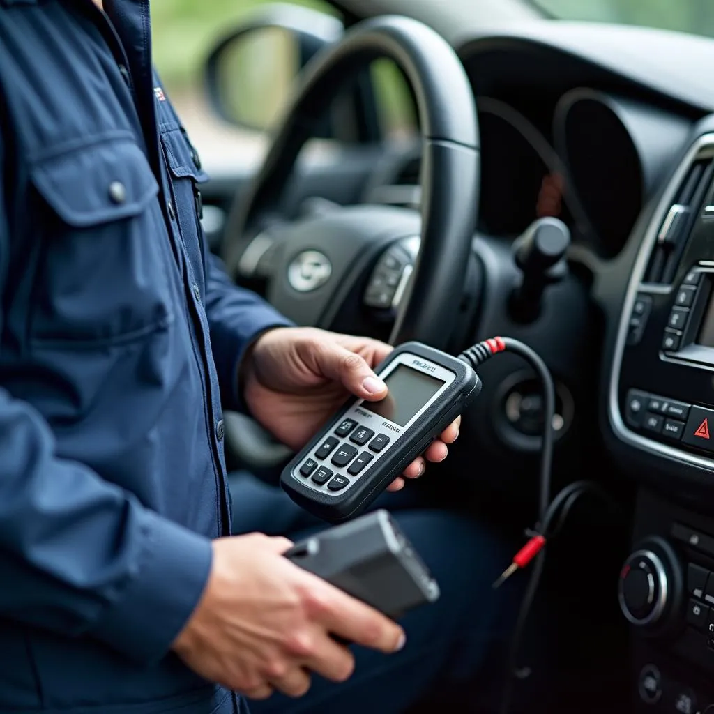 Mechanic using a diagnostic tool on a car