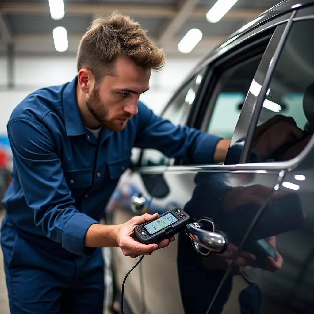 Mechanic Using Diagnostic Tool on Car