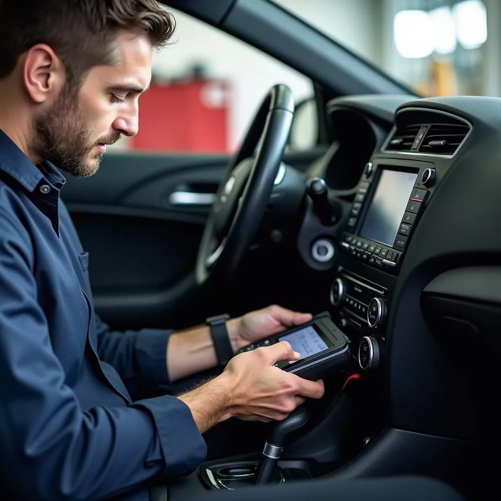 A mechanic connecting a diagnostic tool to a car's OBD-II port