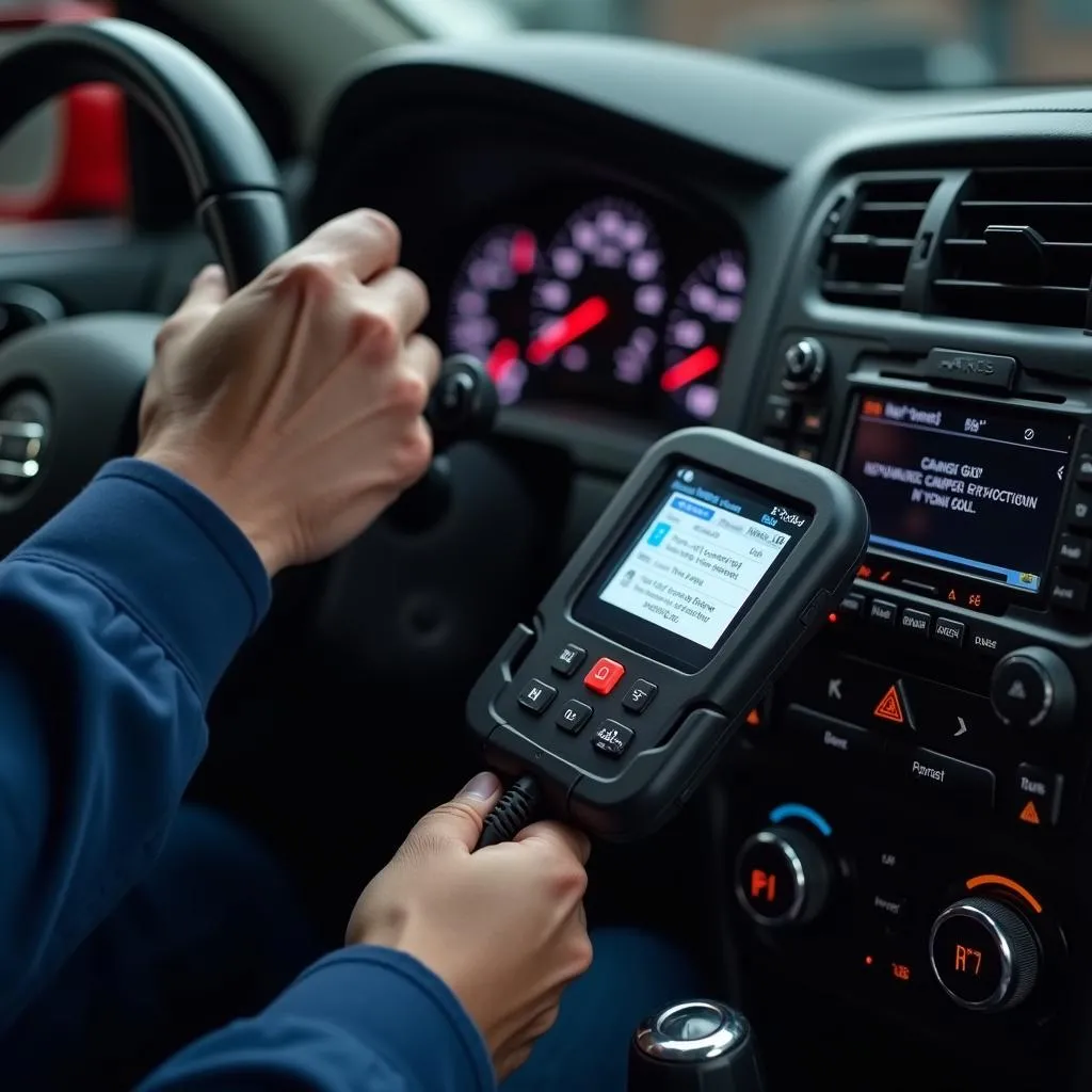 Mechanic Using Diagnostic Tool on Car