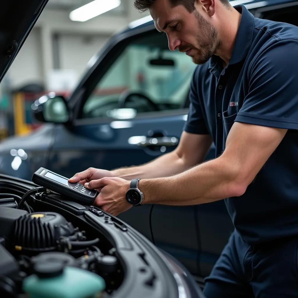 Mechanic Using Diagnostic Tool on Car