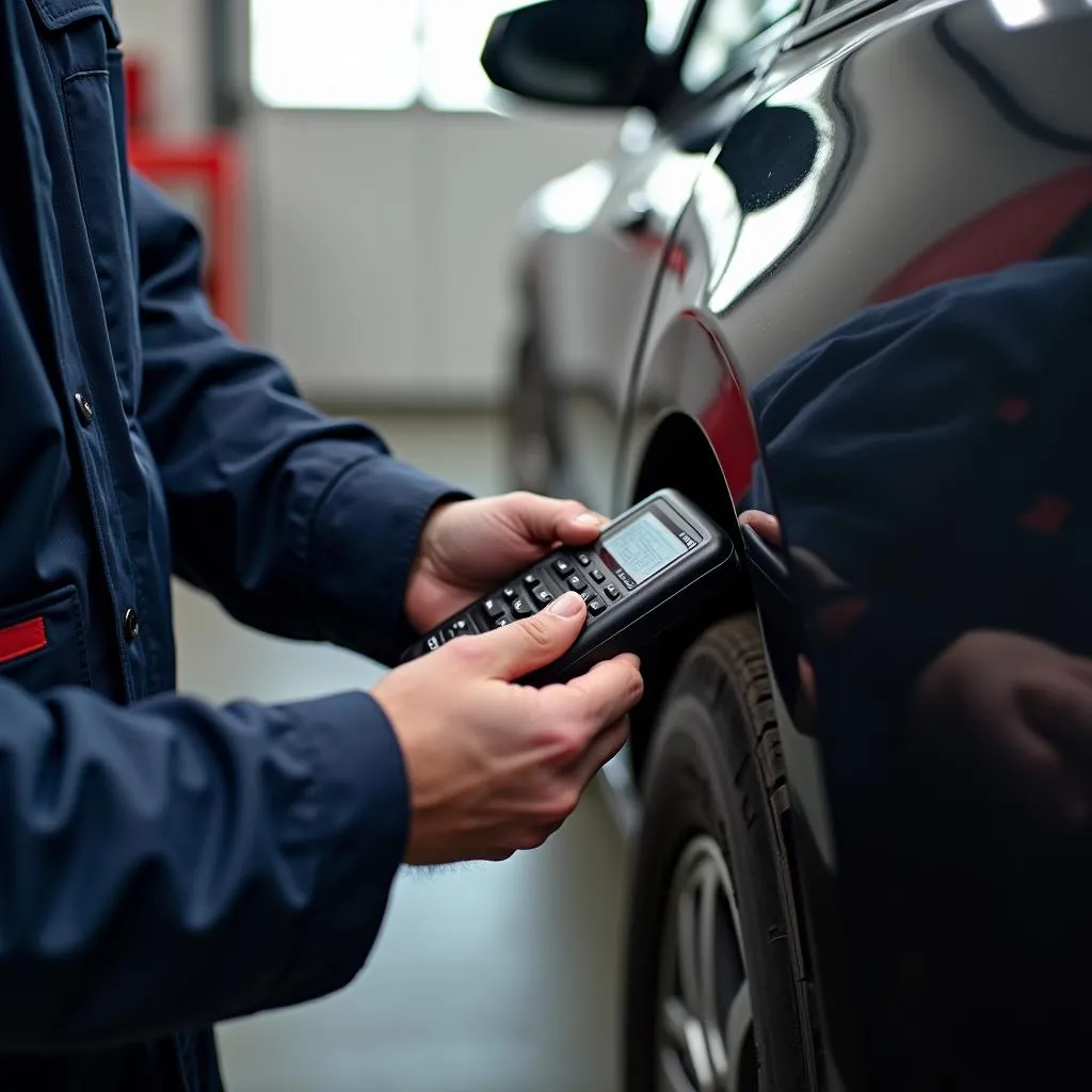 Mechanic Using a Diagnostic Tool on a Car