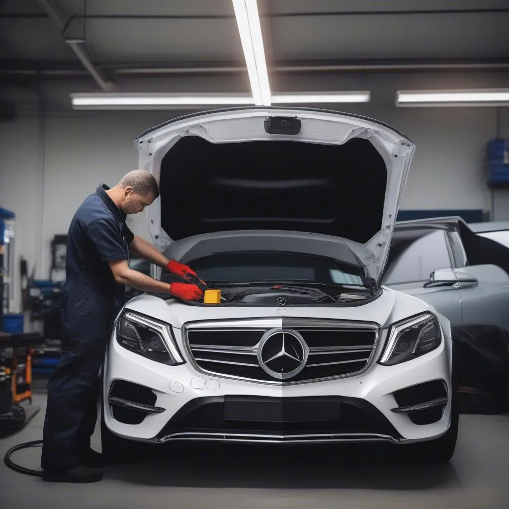 Mechanic Using Diagnostic Tool on Mercedes