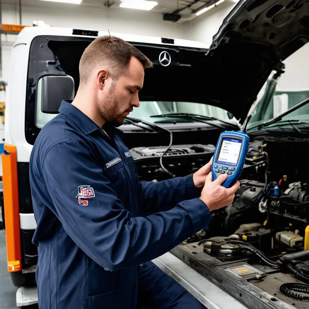 Mechanic Using Diagnostic Tool on Mercedes-Benz Truck