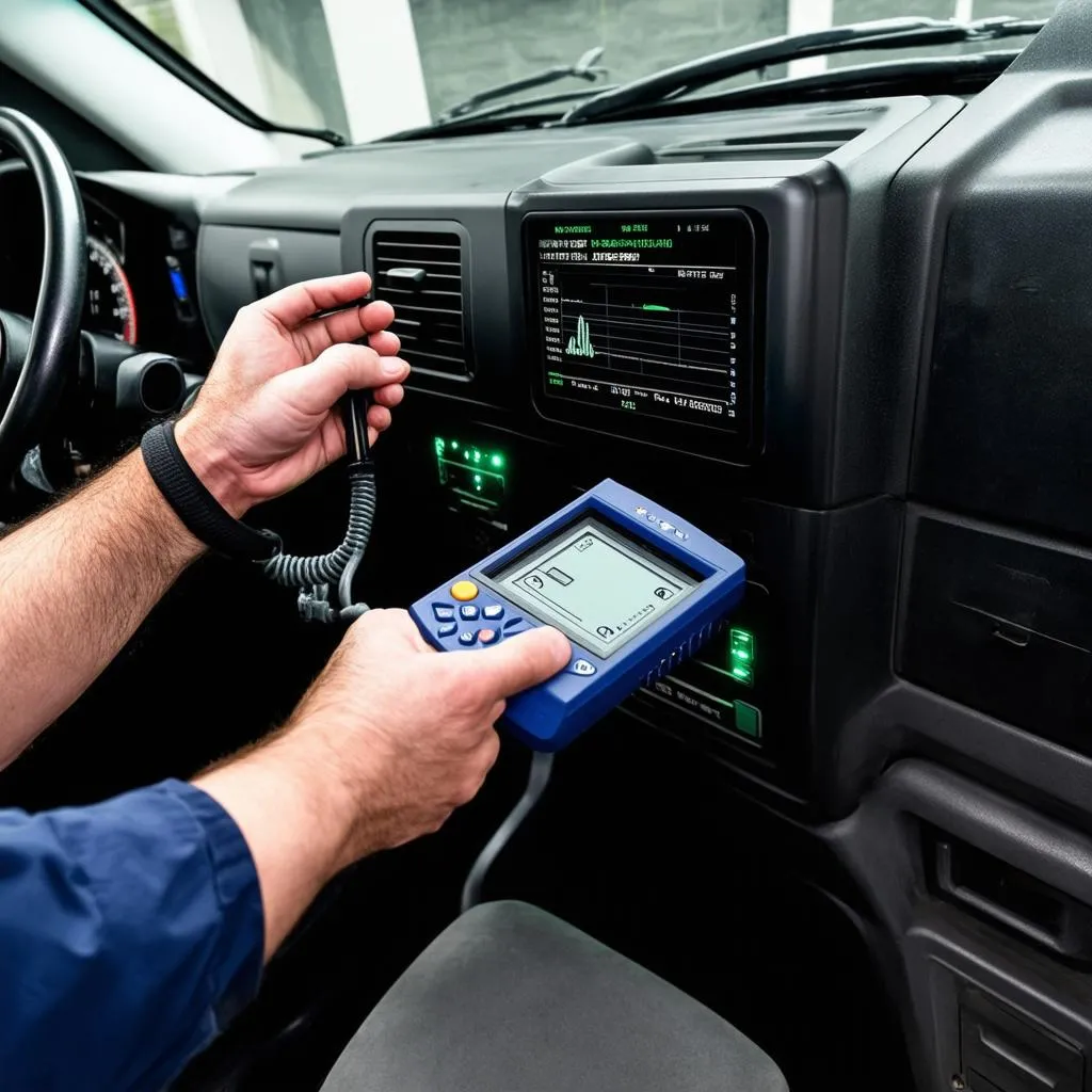 Mechanic using diagnostic tool on Sprinter Van