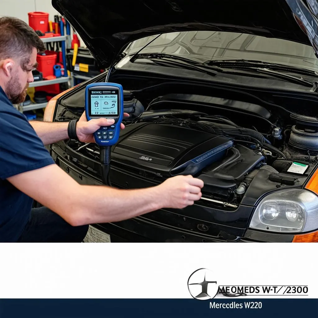 Mechanic Using Diagnostic Tool on W210