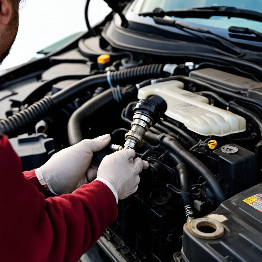 Mechanic using injector tool on a Sprinter 2.7 engine