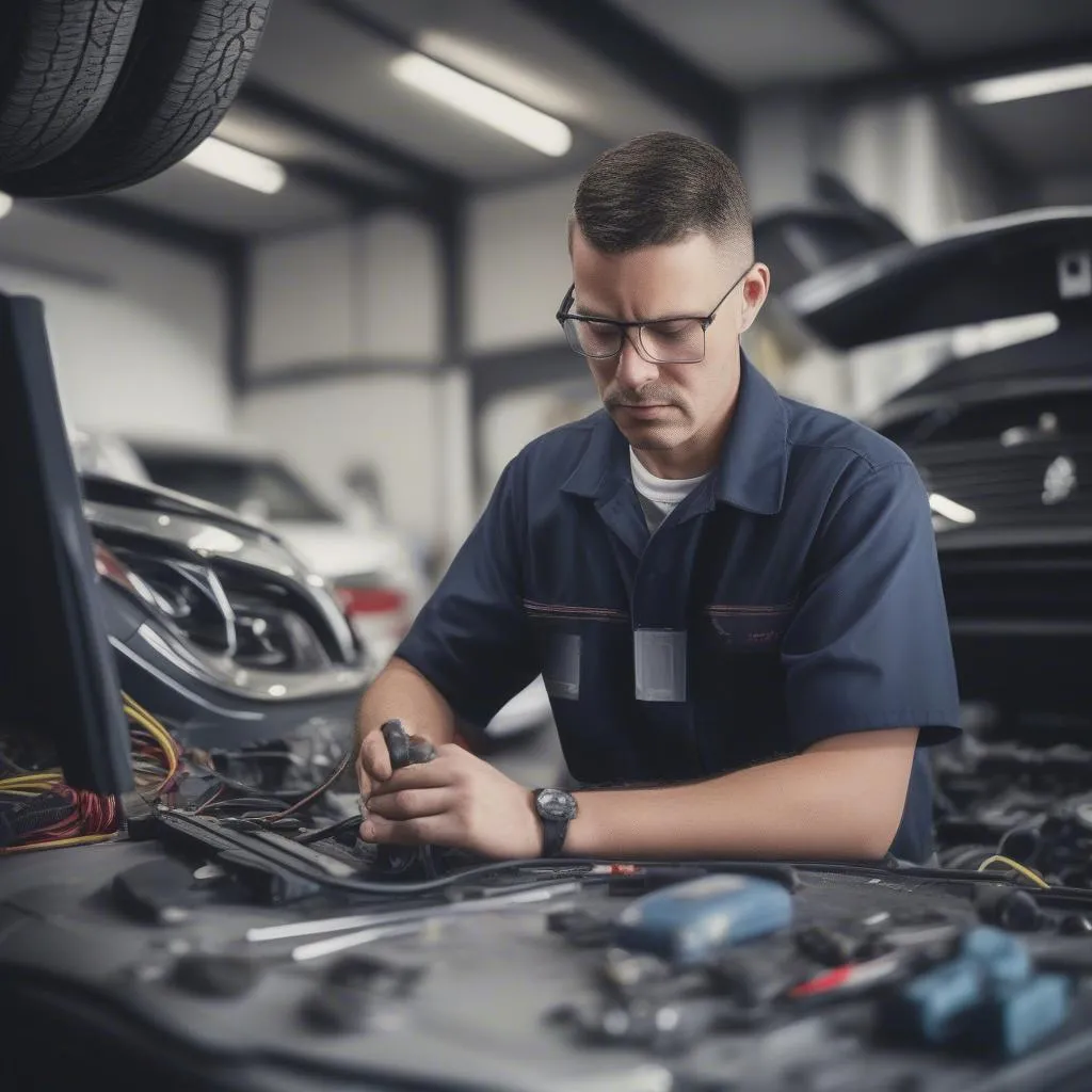 Mechanic using Mercedes parts software